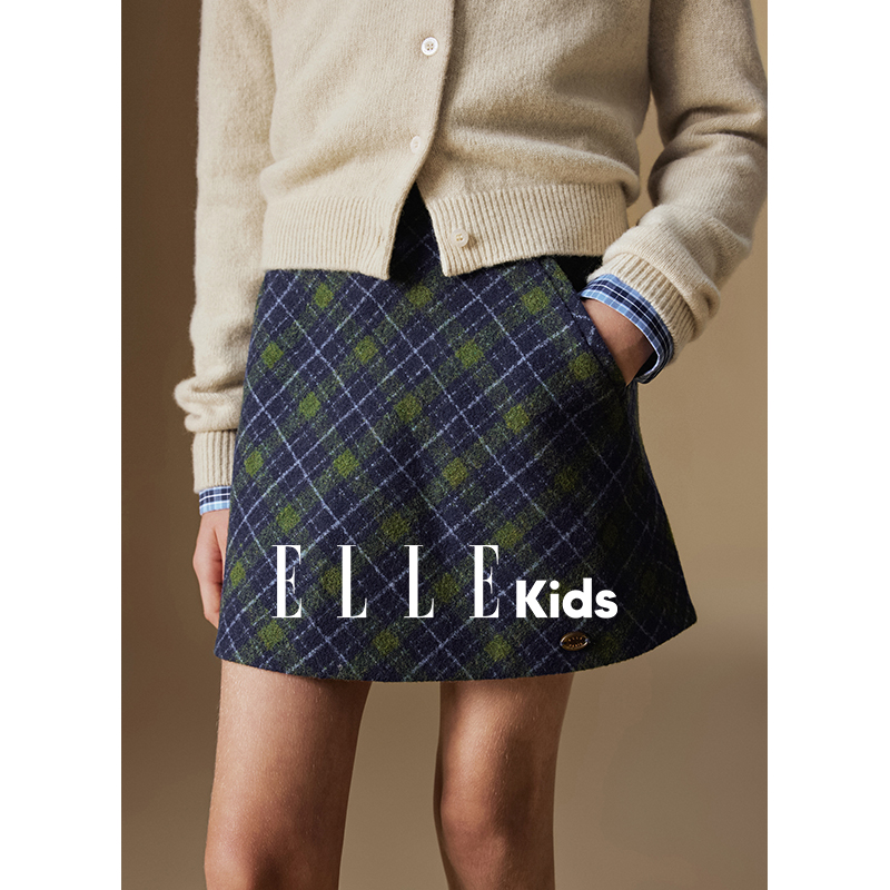 ELLE KIDS童装复古格纹短裙高腰气质百搭毛呢半身裙女儿童秋冬N1