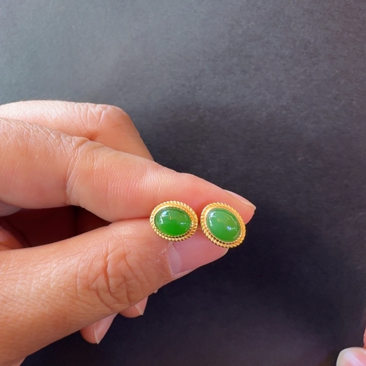 和田玉（碧玉）银S925镀金镶嵌耳饰