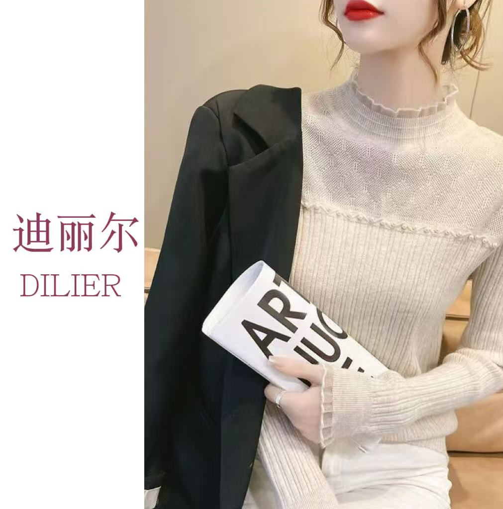 修身毛衣毛针织衫蕾丝网纱针织衫加厚百搭上衣立领