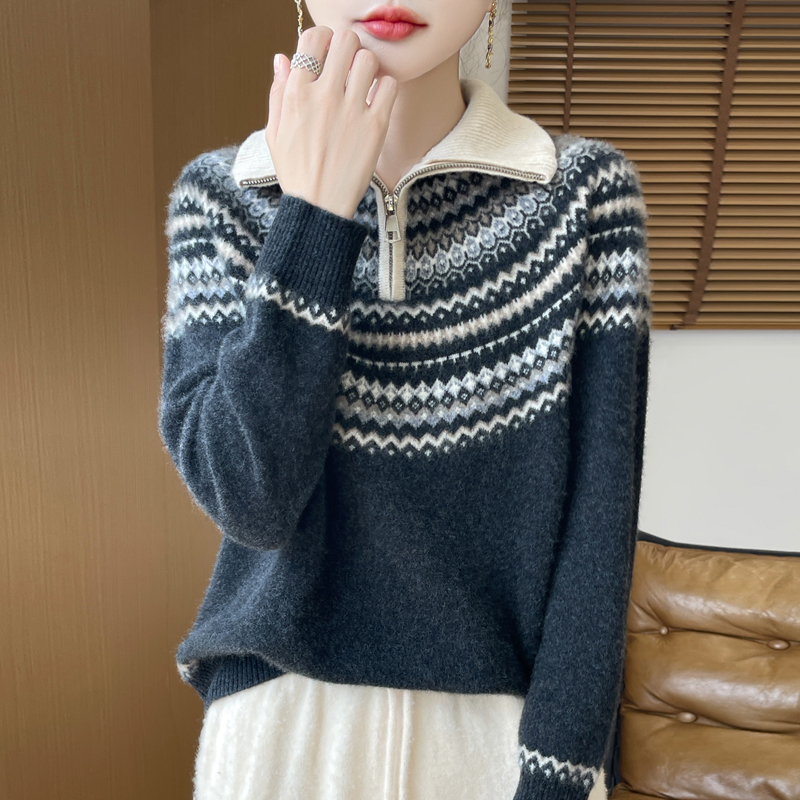 秋冬设计感100纯羊毛衫波浪条纹费尔岛拉链半开领宽松提花女