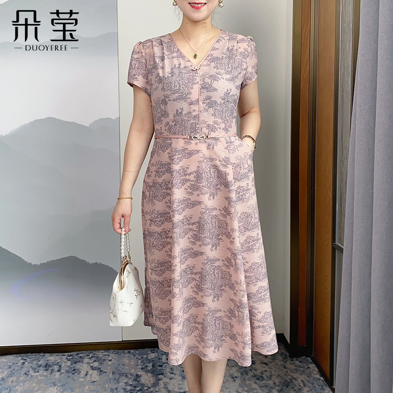 【断码特价】洋气妈妈装国风印花V领连衣裙中年女粉色长裙子LM-921