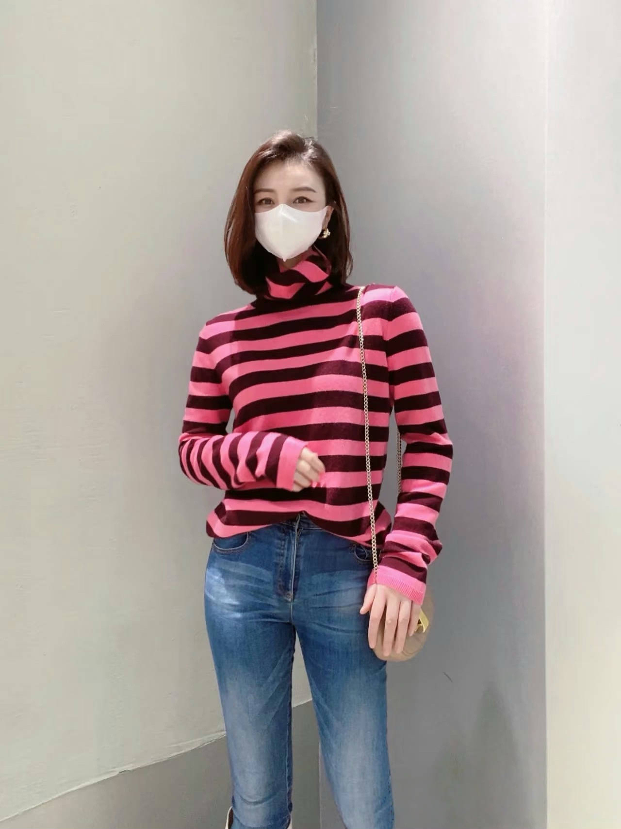 （不退换）5399543条纹套头款长袖常规毛针织衫时尚衫针织衫毛衣