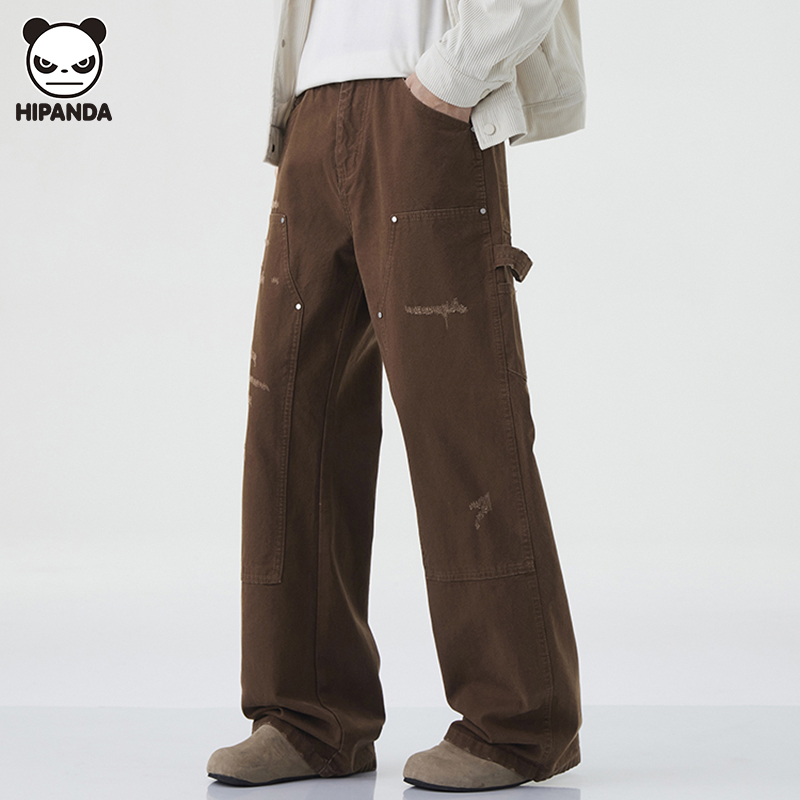 Hi Panda美式复古工装牛仔裤男春秋季新款潮流拼接铆钉休闲直筒裤