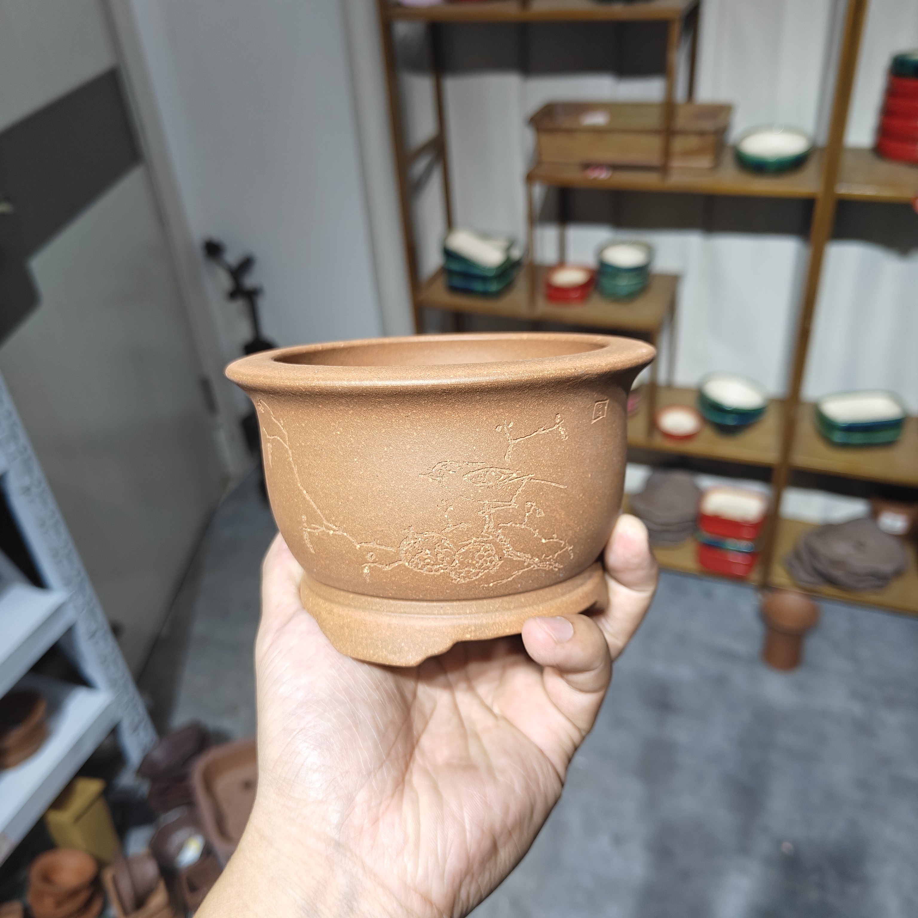 宜兴紫砂精品紫砂盆降坡泥圆口盆手刻文人盆景花盆