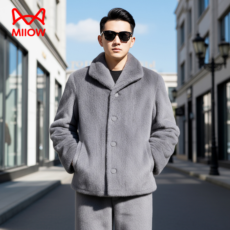 仿貂/MiiOW猫人加厚睡衣家居服男士外穿套装冬季加绒保暖绿色皮草