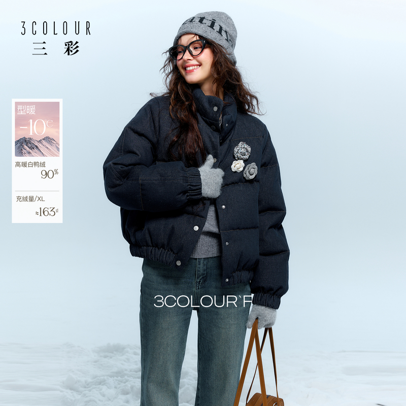 三彩独醒2025冬季新款立领羽绒服短款90白鸭绒外套休闲F