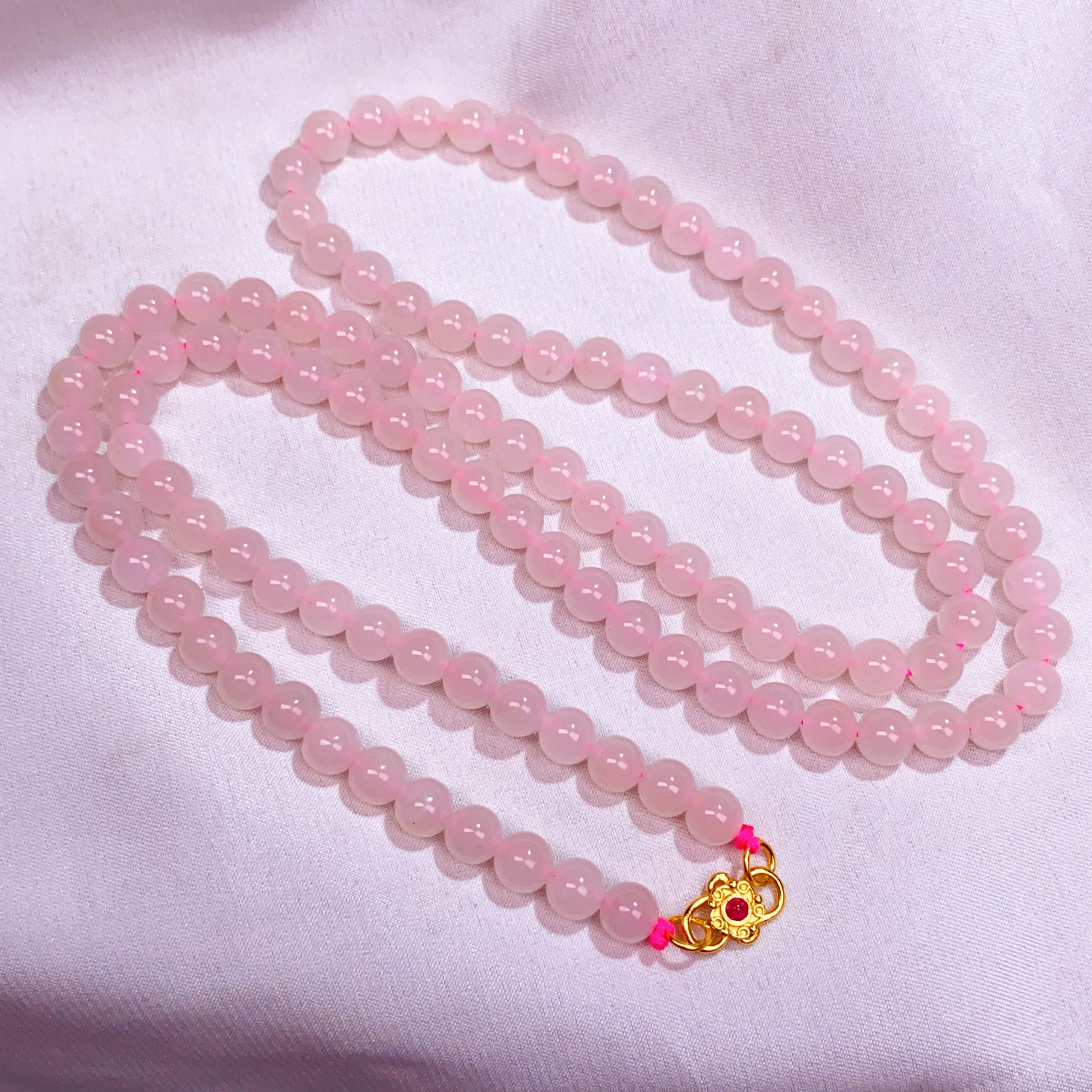 天然和田玉青海料精品藕粉红粉6mm银珠链项链多圈手链百搭@4560