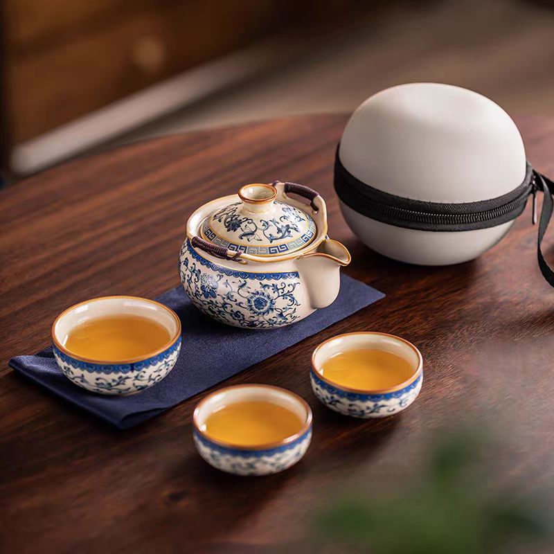 旅行套-青花缠枝汝窑手抓壶（一壶三杯）ZH365