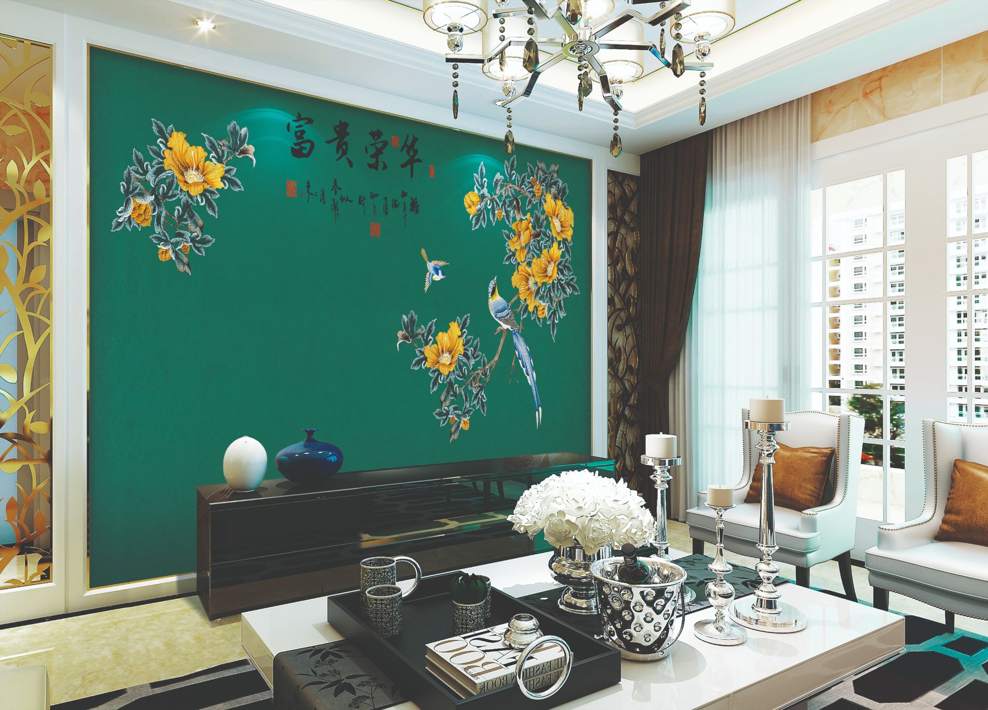 禅意新中式独绣富贵荣华