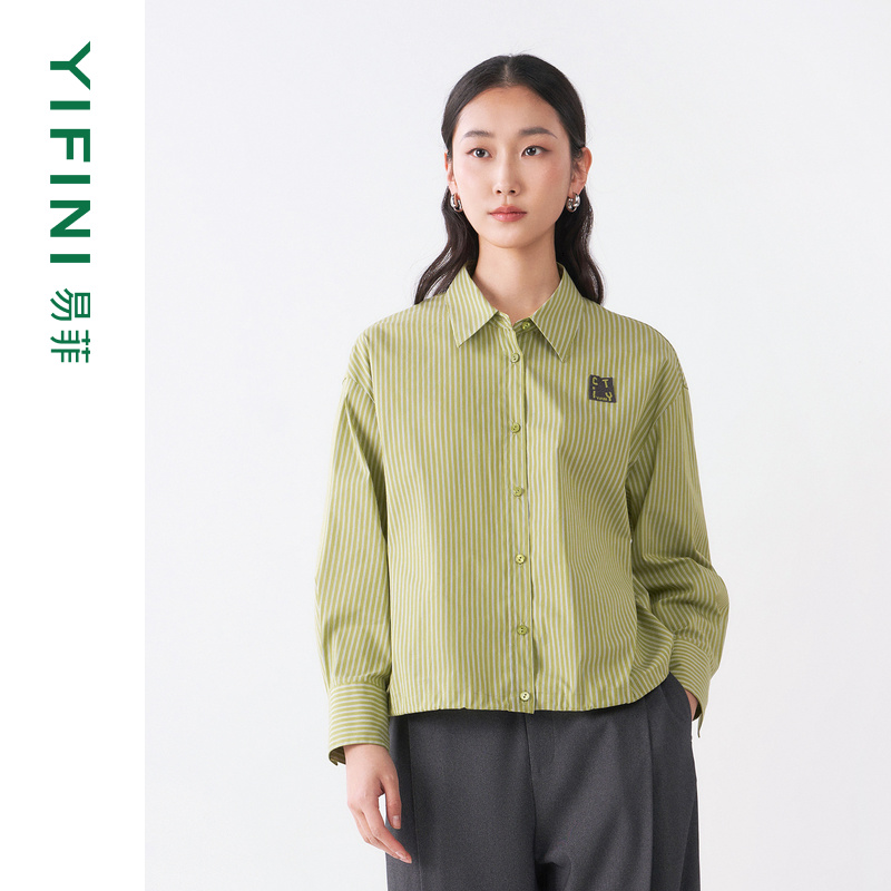 【Yifini】专柜同款青柠条纹学院风减龄舒适宽松短款衬衫C08C1003