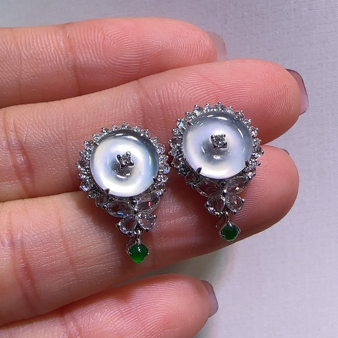 翡翠耳钉18K金镶嵌平安扣