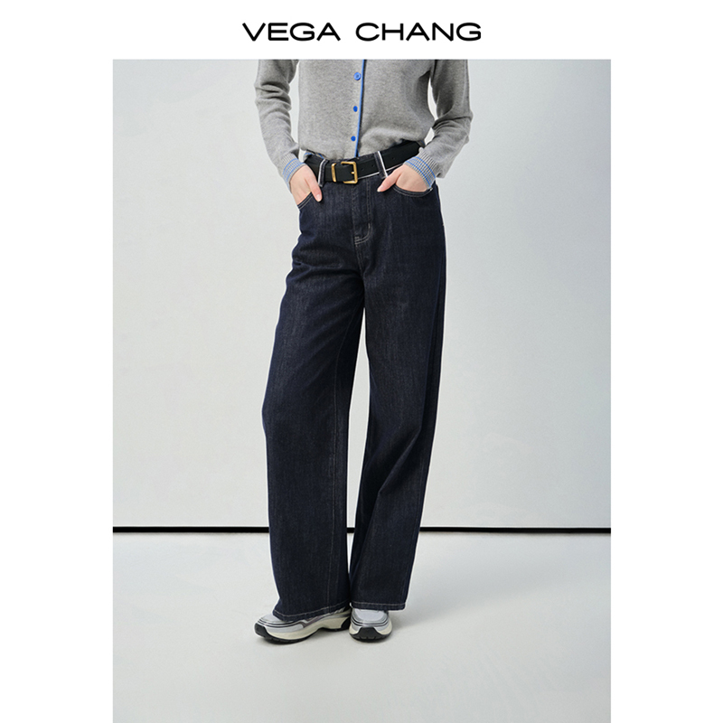 VEGA CHANG牛仔裤女2025新款秋季撞色明线高腰宽松显瘦直筒阔腿裤