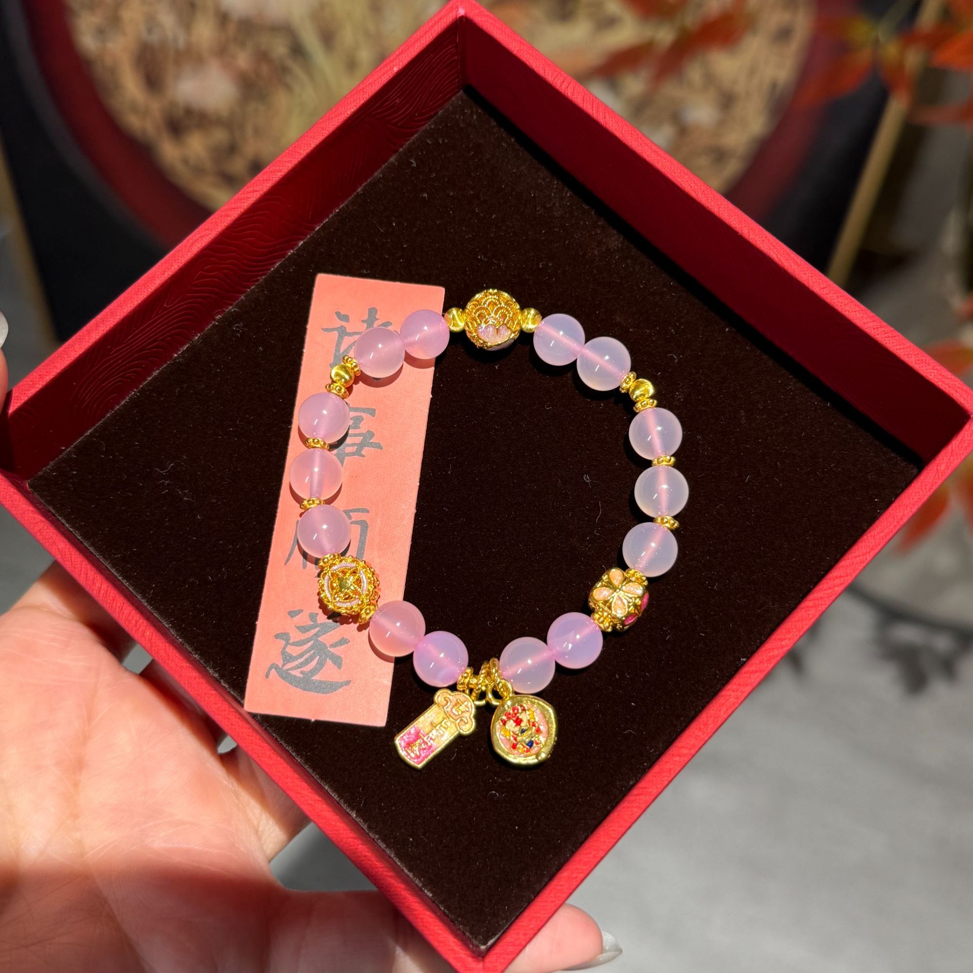 足金999 【平安喜乐樱花粉上上签手串】小清新新中式百搭5D硬金工艺
