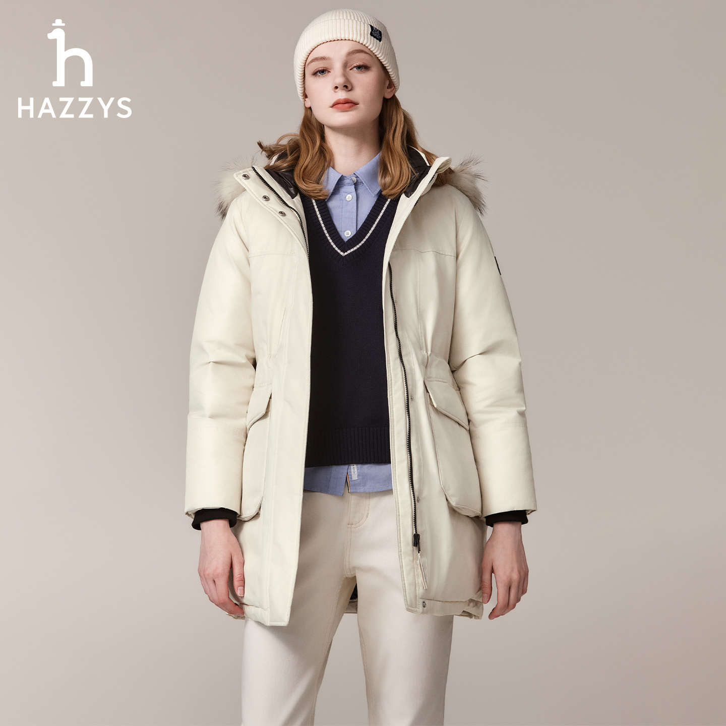 HAZZYS哈吉斯冬季女士中长款羽绒服时尚休闲加厚保暖外套女款