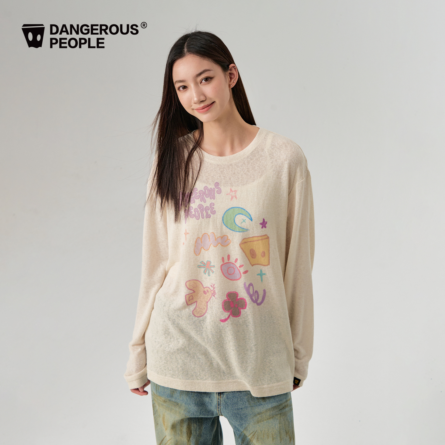 Dangerouspeople薛之谦dsp童趣印花薄T恤落肩宽松百搭圆领长袖女