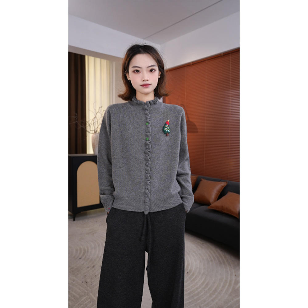 YIANYAN【萤火】女士秋冬花边针织半高开衫上衣