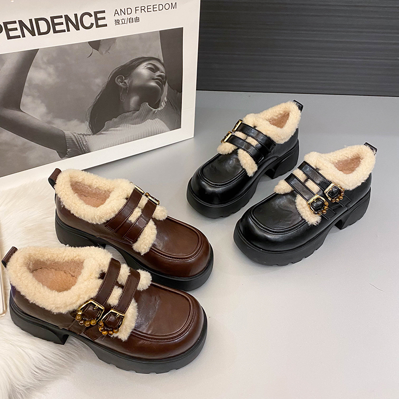 英伦风加绒乐福棉鞋女2025秋冬新款厚底粗跟复古毛毛玛丽珍小皮鞋