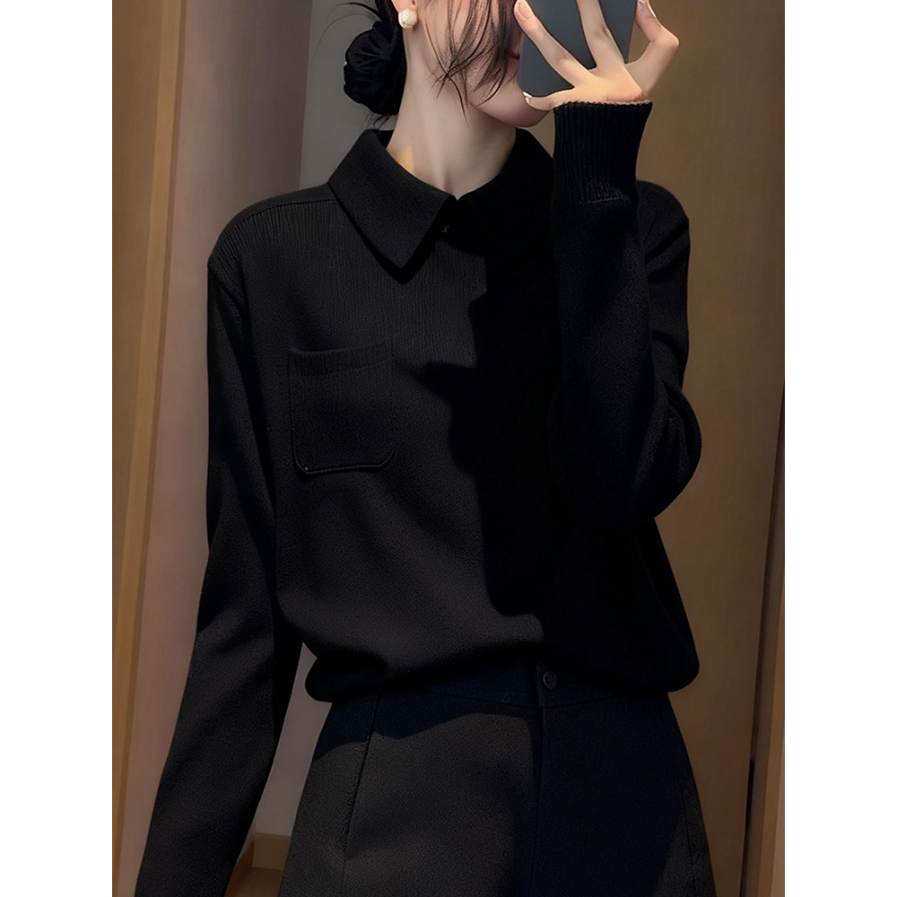 黑色polo领针织衫女士秋冬高级感内搭修身显瘦通勤气质打底衫上衣