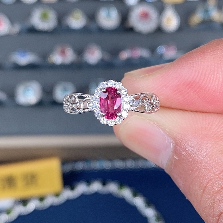 红色碧玺戒指银S925镶嵌