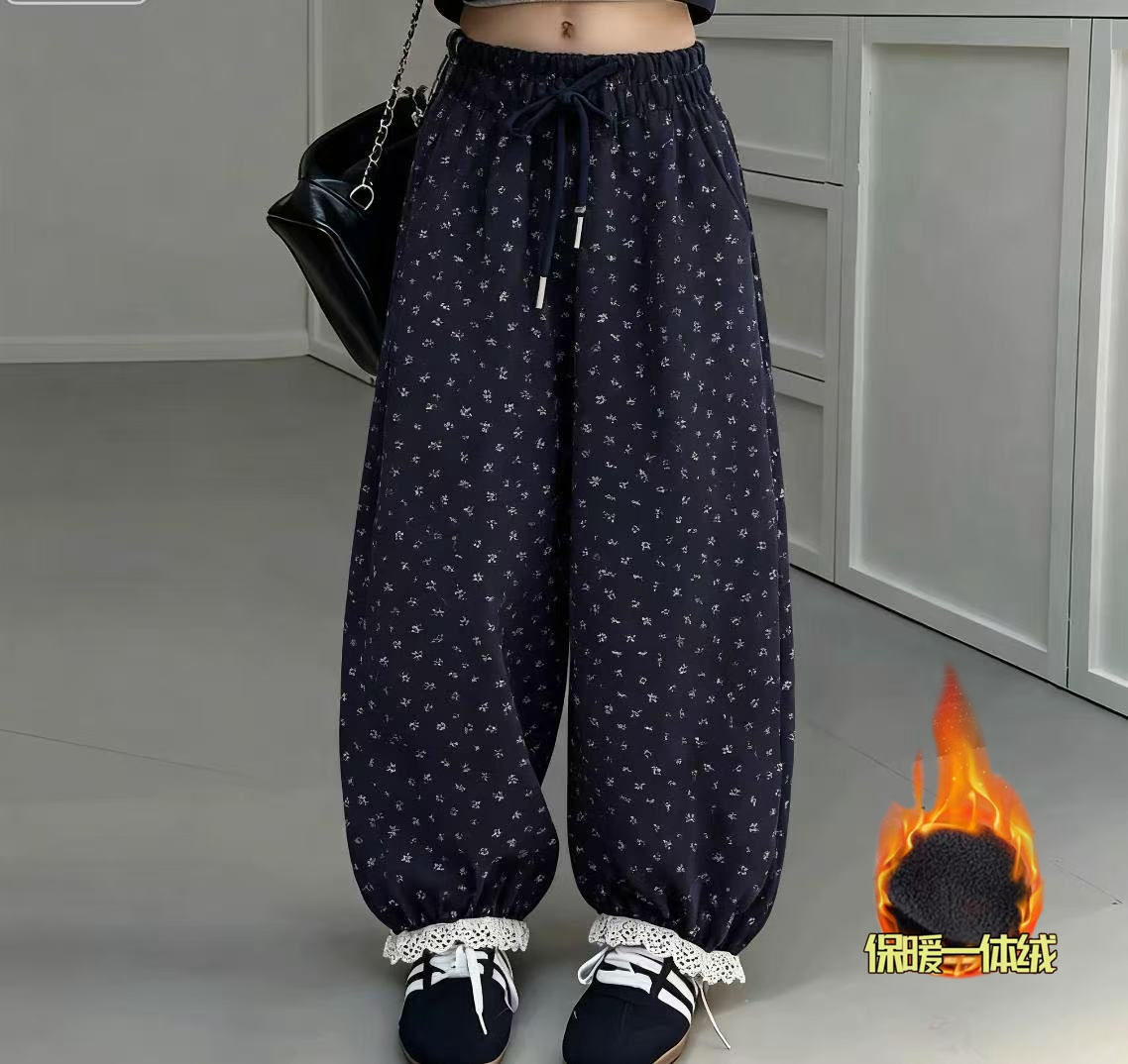 女童裤秋冬季加绒加厚小碎花版松腰中大童休闲束脚高级感韩版长裤