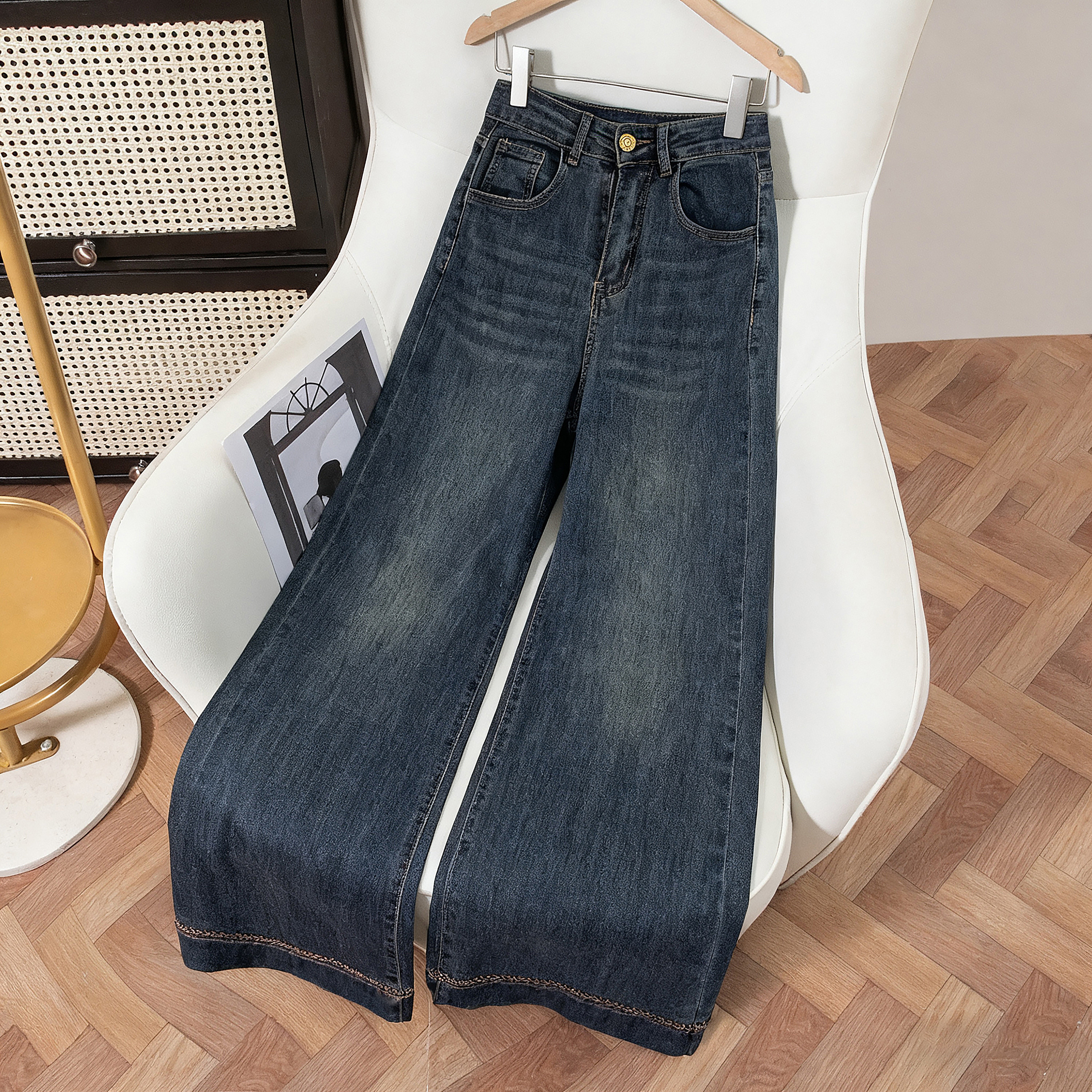 7614  GY高腰微喇叭牛仔裤女秋季韩版网红显瘦小个子直筒裤长7647