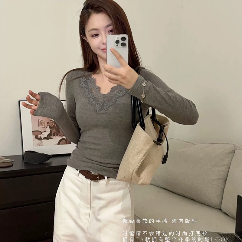 枫之欣暖氧珍珠绒蕾丝V领保暖上衣新款带胸垫一体杯打底内衣6627