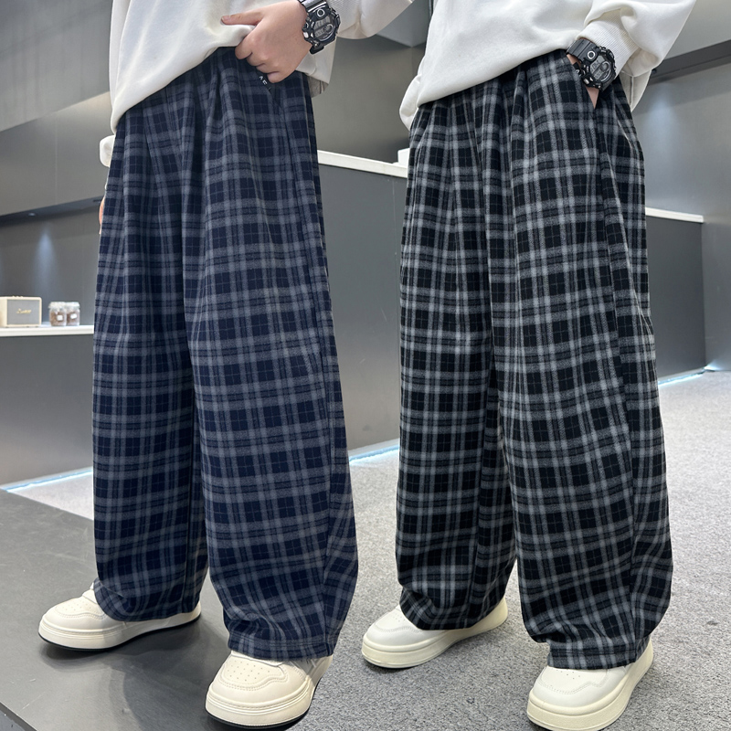 男童秋季裤子炸街2025春秋新款中大童装秋装儿童休闲格子阔腿裤潮