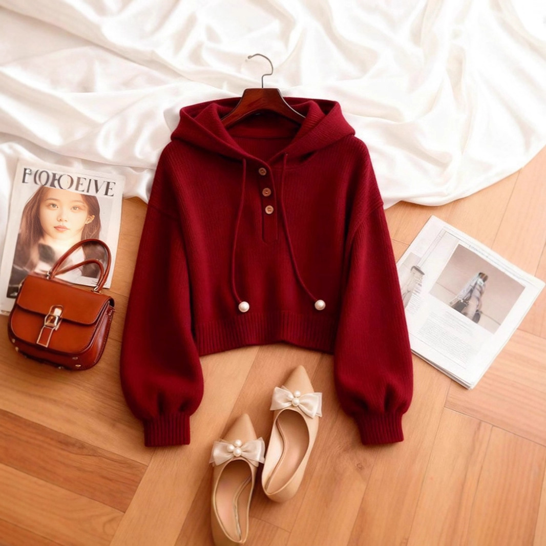 小众别致红色连帽抽绳针织卫衣秋季韩系慵懒风时尚洋气舒适打底衫