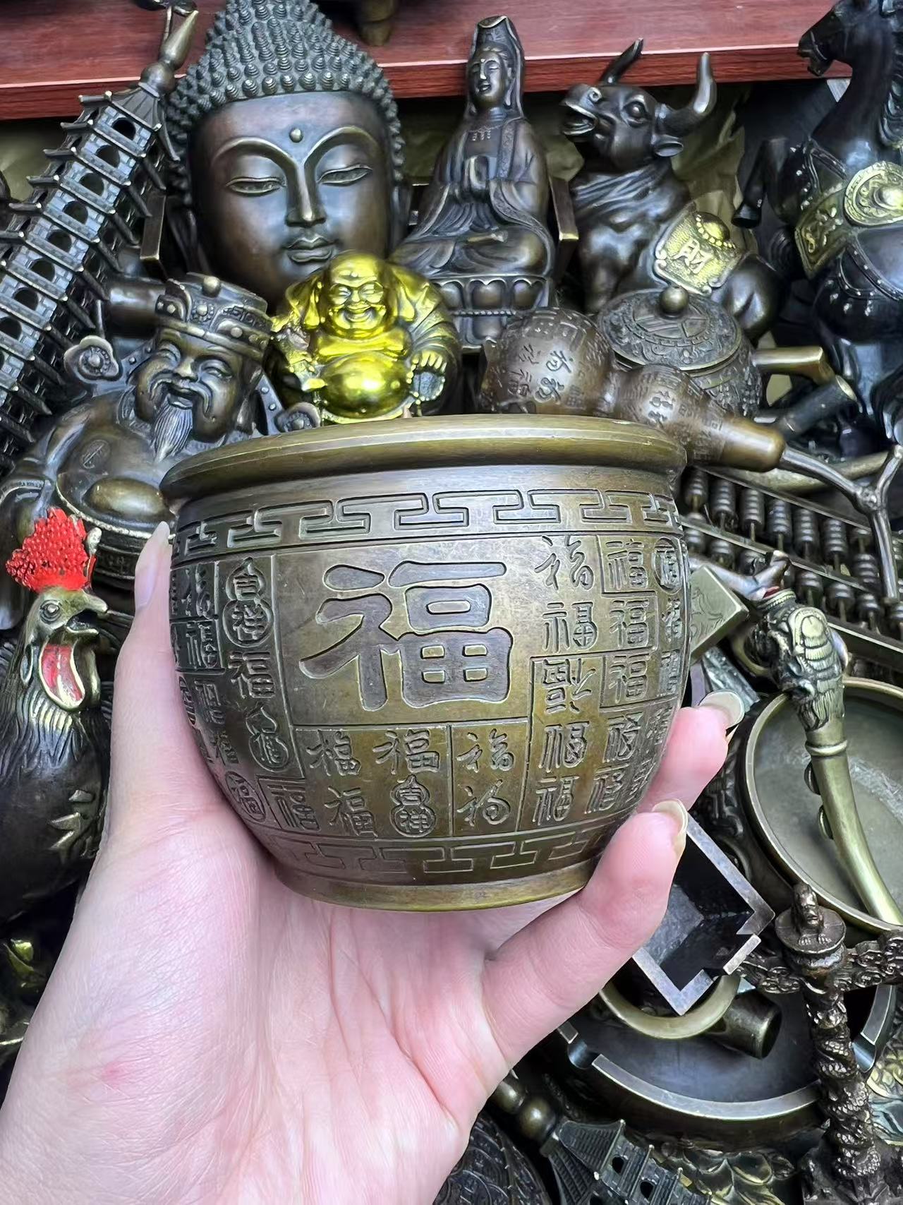 复古铜器百福缸摆件