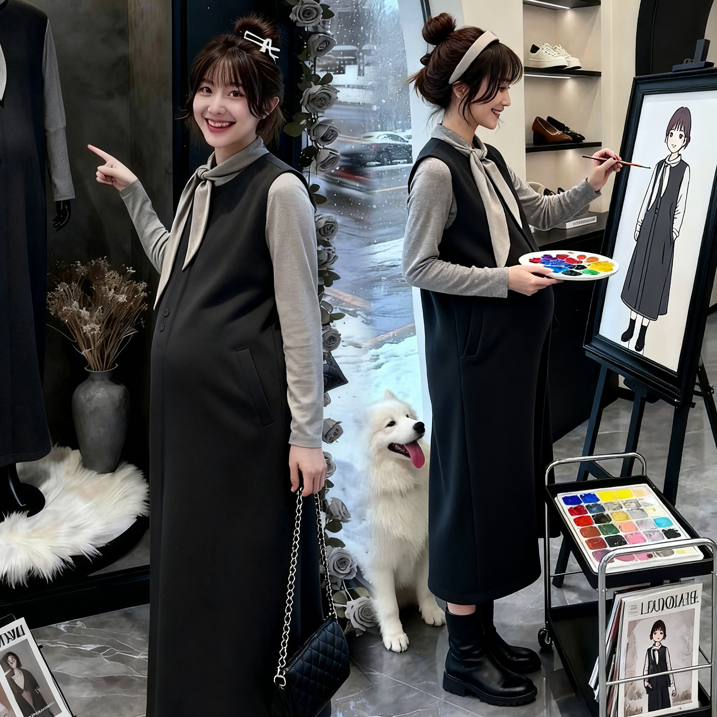 【嗒嗒】2025秋冬新款减龄打底衫叠穿背心毛呢休闲温柔风连衣裙套装