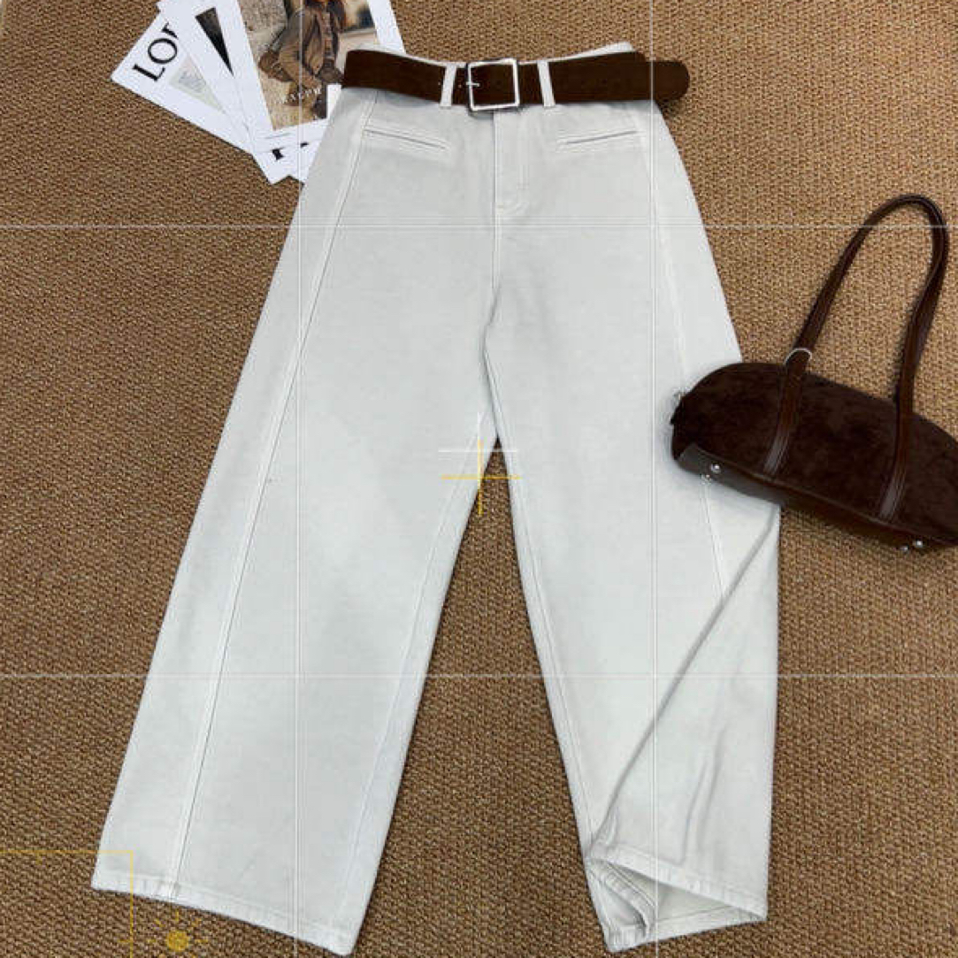 2003冬季加绒高腰显瘦奶茶灰弯刀阔腿牛仔裤女宽松百搭