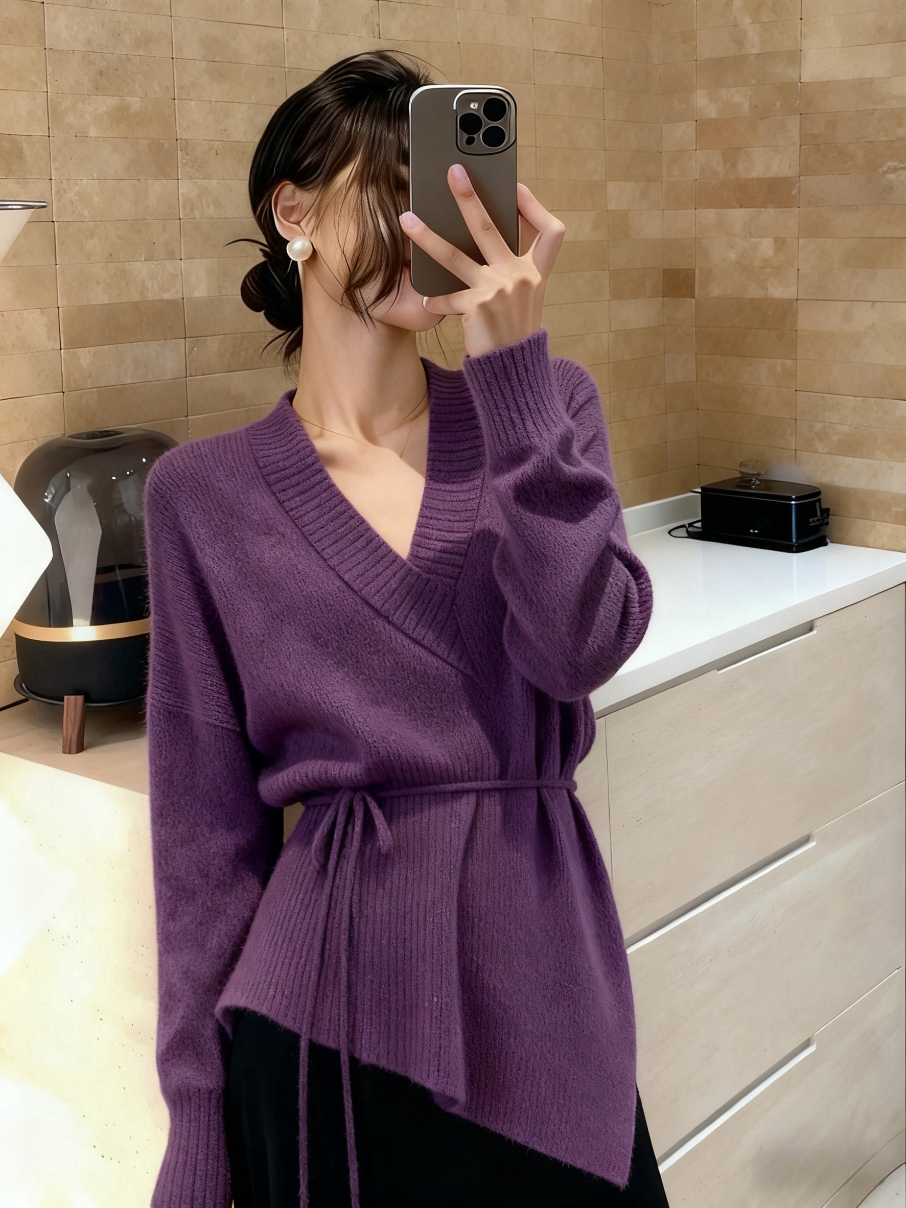 冬季高级感法式紫色不规则收腰长袖针织上衣女显瘦小众百搭上衣潮