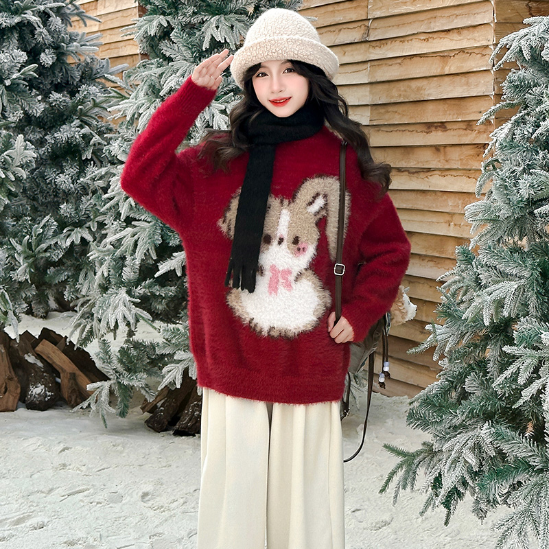 女童毛衣2025新款年服秋冬装儿童水貂绒红色加厚中大童打底衫新年