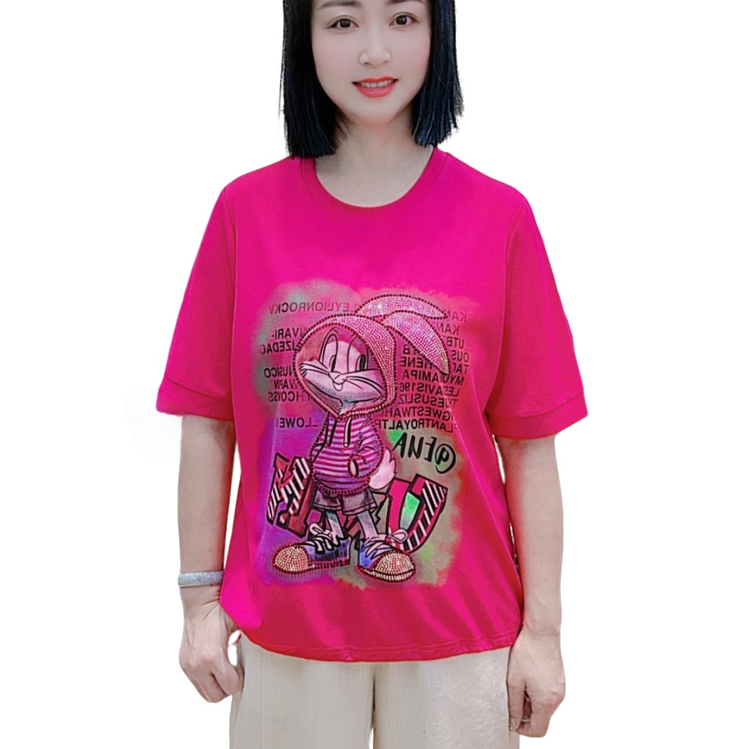 【洋玉服饰】时尚潮牌2025夏季圆领兔子亮钻印花宽松百搭短袖T恤