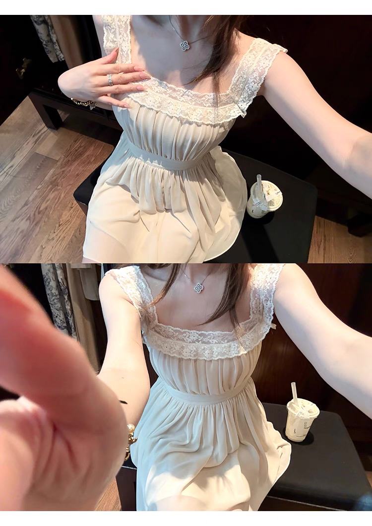 秀智 娇娇尤物 收腰蕾丝拼接花边高腰少女吊带连衣裙