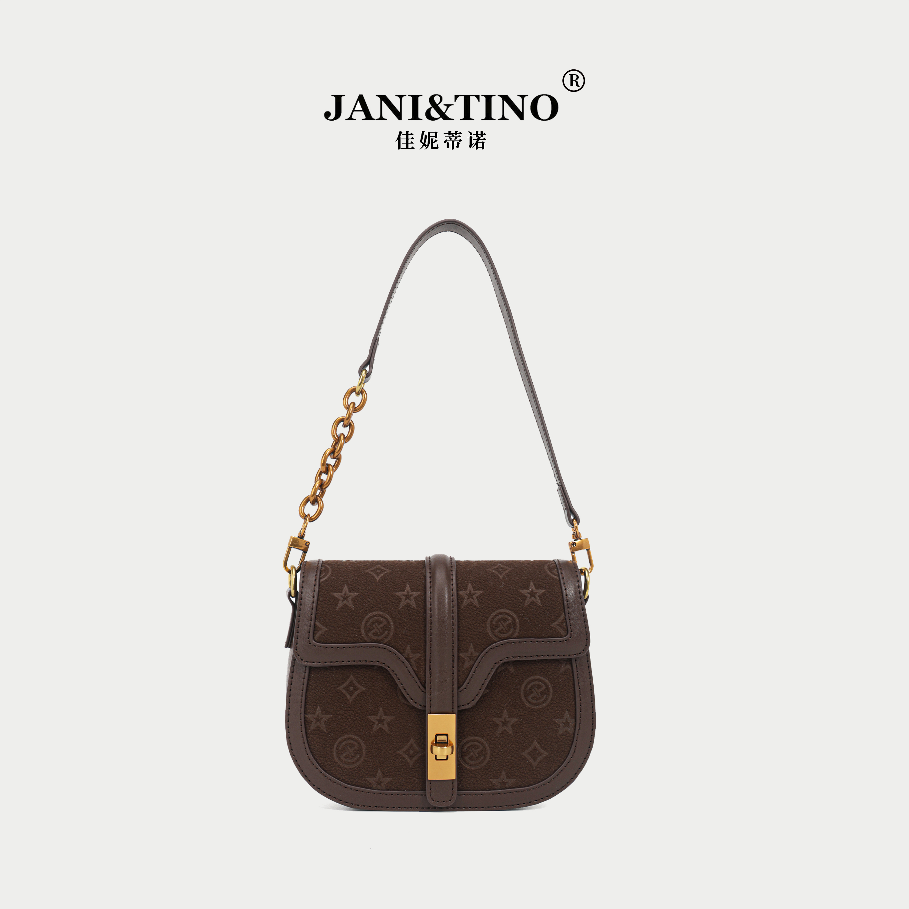  JANITINO/佳妮蒂诺当季新款经典时尚复古女士单肩包4720压纹棕