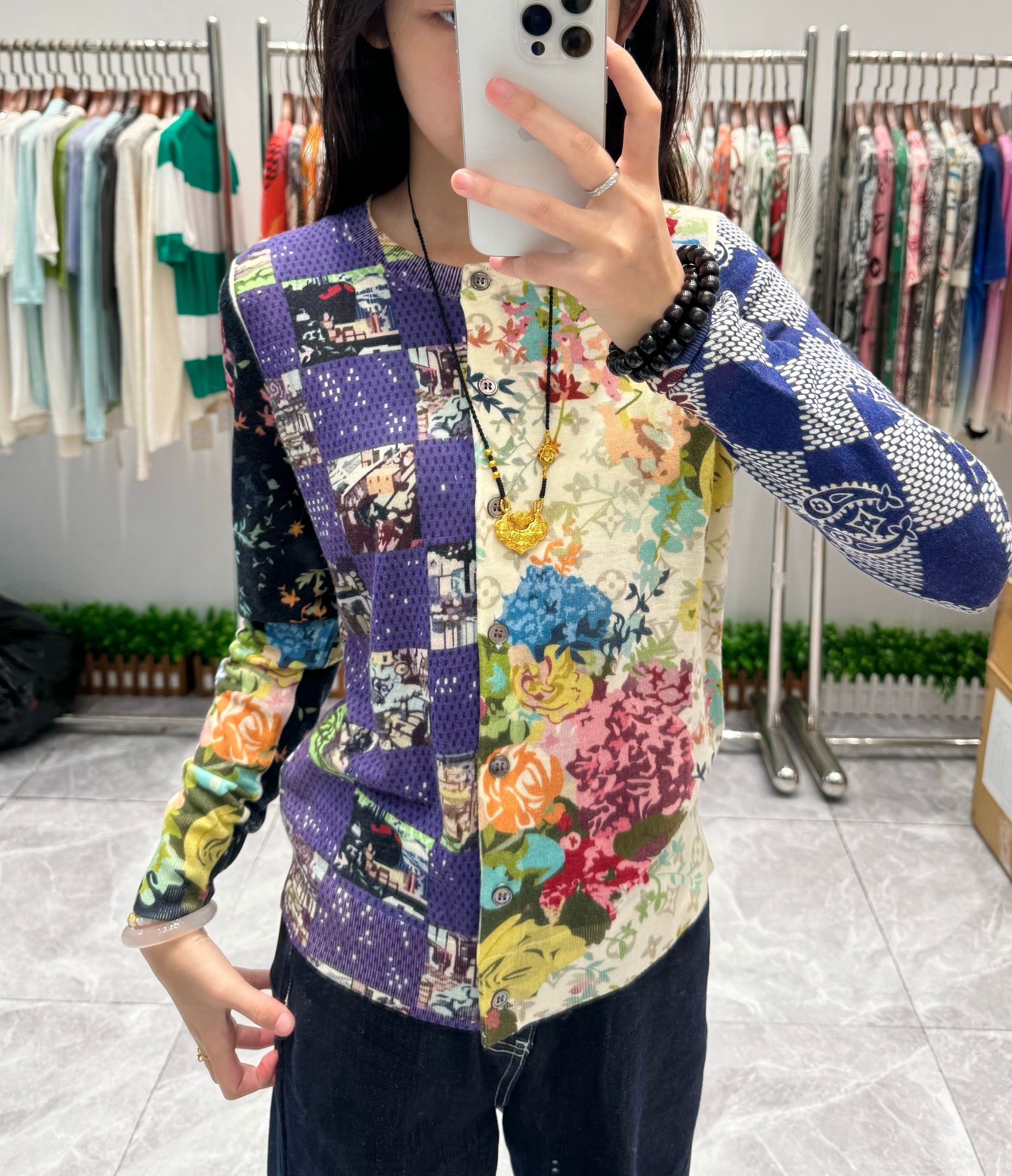 【寶姐专属】《一半花》印花开衫圆领开衫羊毛衫杨子纱120支-18针顶版