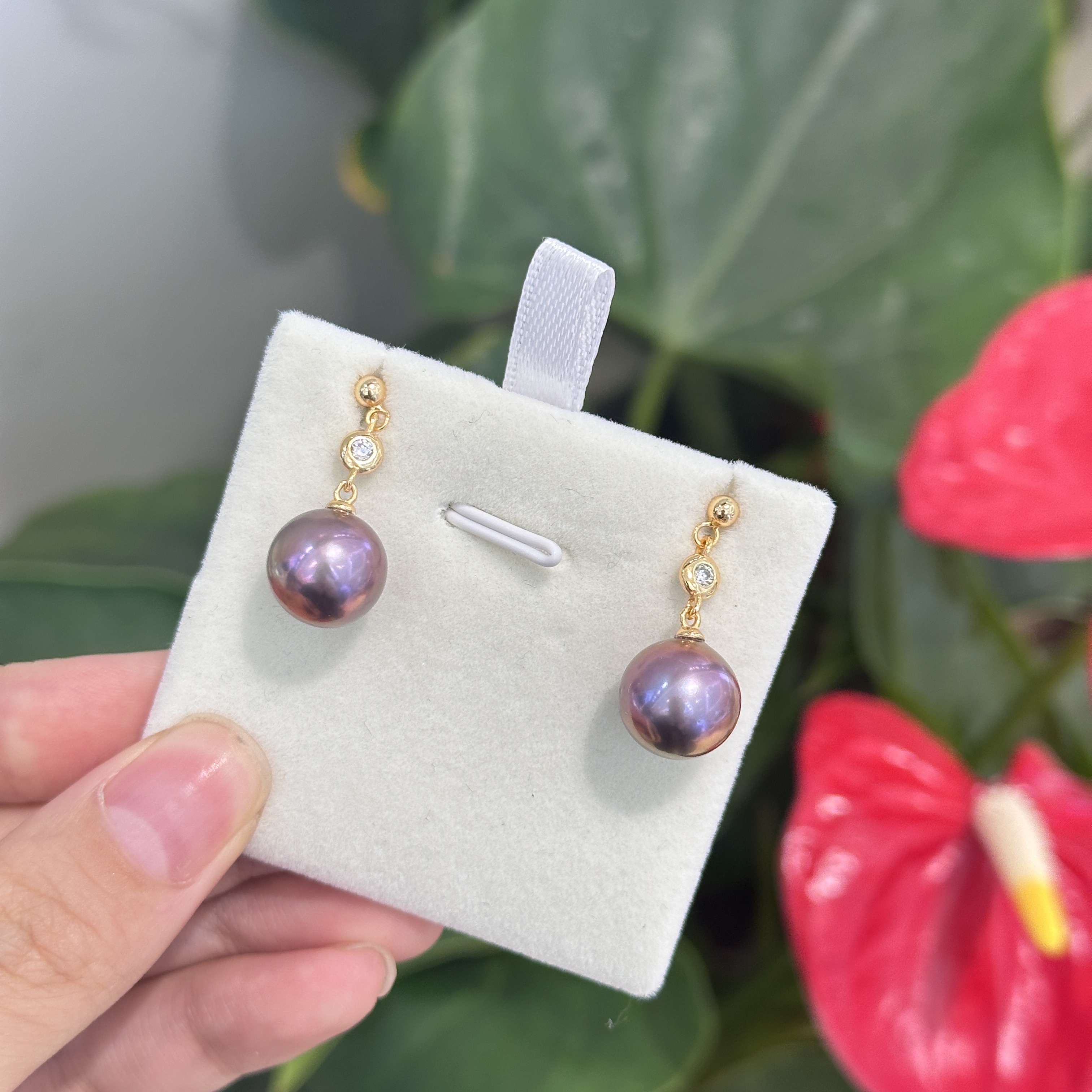 【钱元元专享】S925银镀金 妖紫色珍珠耳环11-12mm