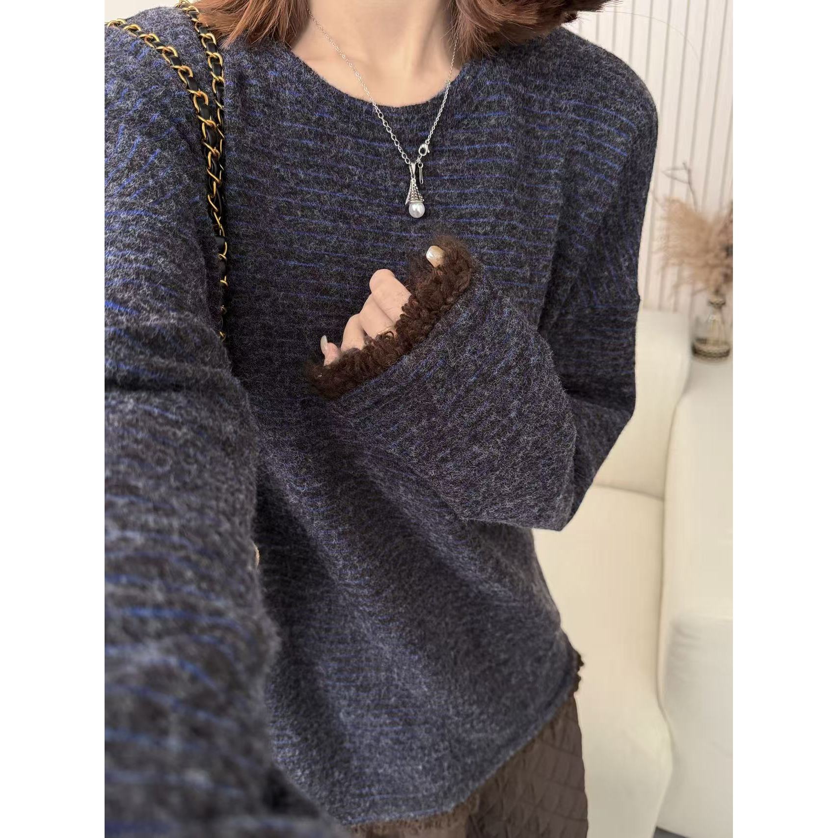 【兔毛&细条纹毛边T】冬日新款！毛边拼接细条纹肌理T003