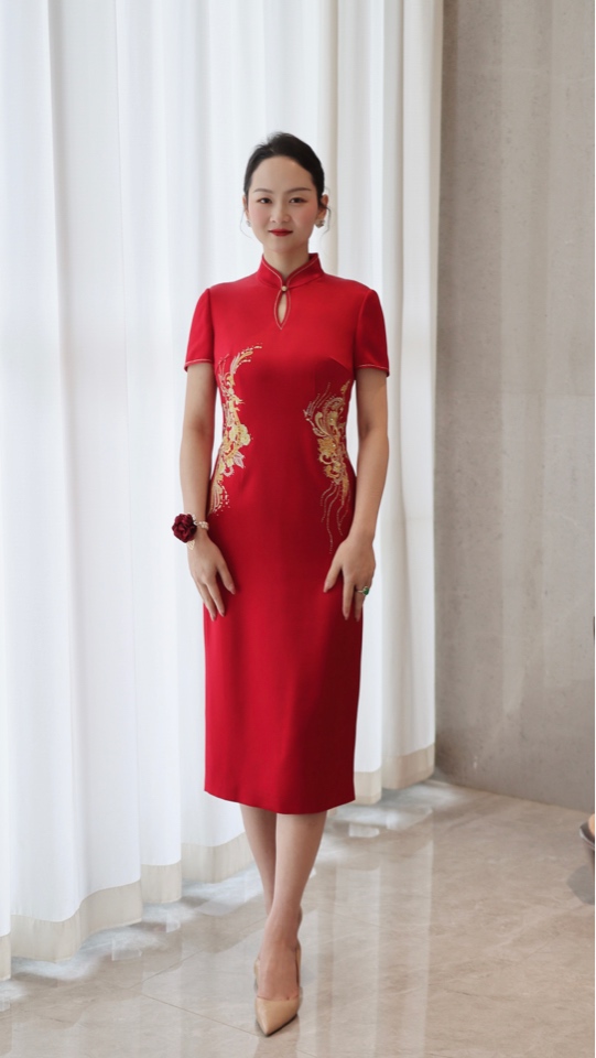 中式中国风旗袍中长款修身显瘦气质喜婆婆妈妈新娘