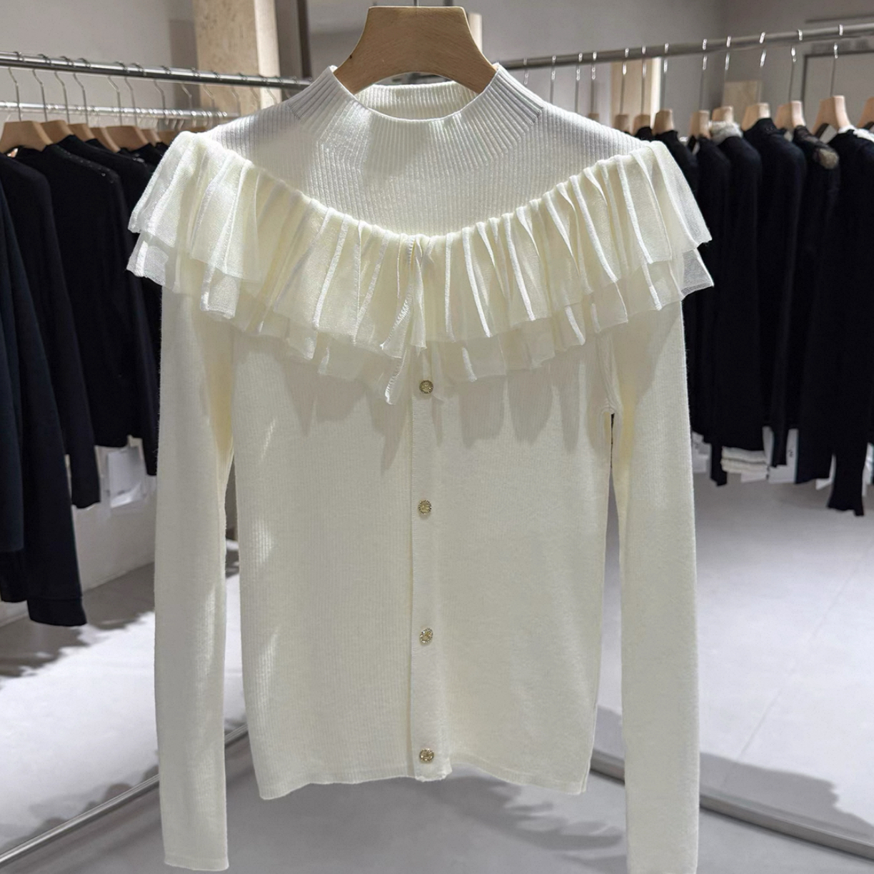 【Five】2025秋冬新款荷叶边拼接针织单排扣针织上衣