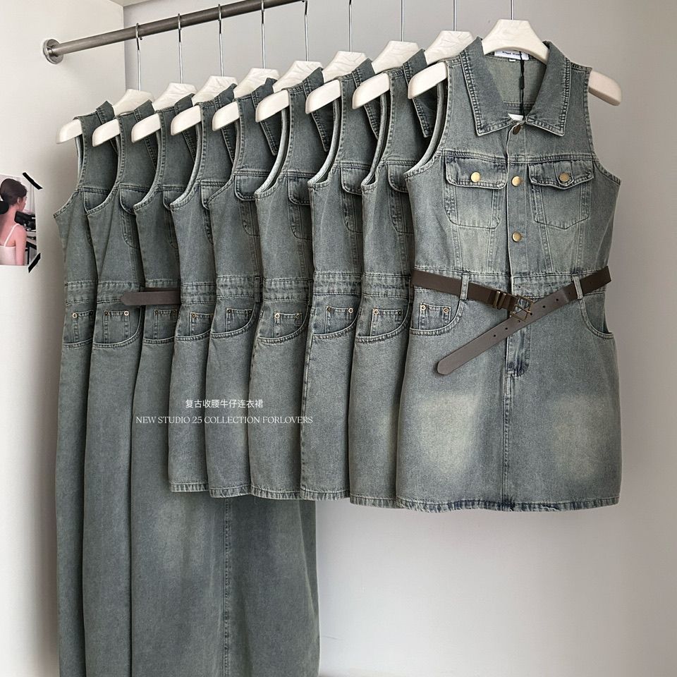 2025牛仔夏季无袖修身连衣裙美式收腰显瘦翻领复古牛仔牛仔连衣裙