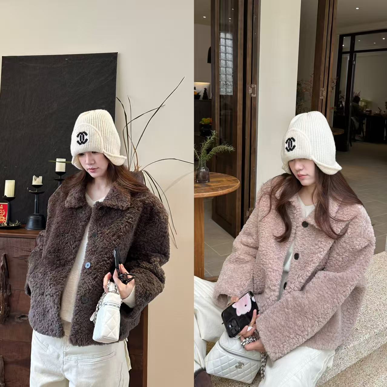 LA  两色 廓形翻领短款 圈圈毛毛外套 26544