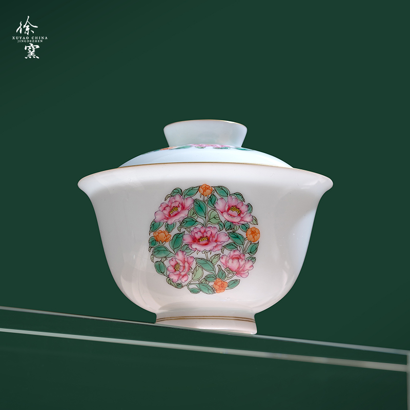 徐窑山茶花团花元宝盖碗（桃红款） 粉彩手绘景德镇陶瓷器描金茶器