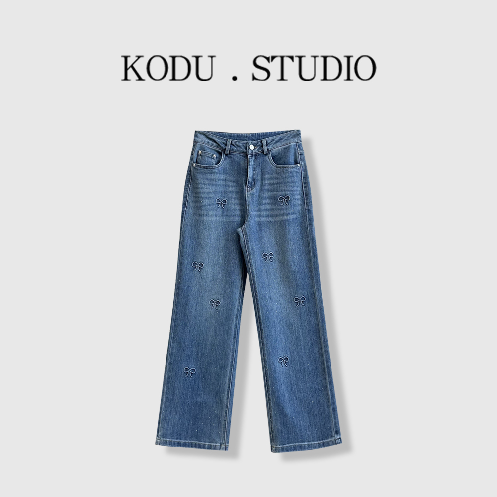 【刻度KODU】JP-6022秋冬季新款休闲百搭高腰烫钻显瘦阔腿牛仔裤