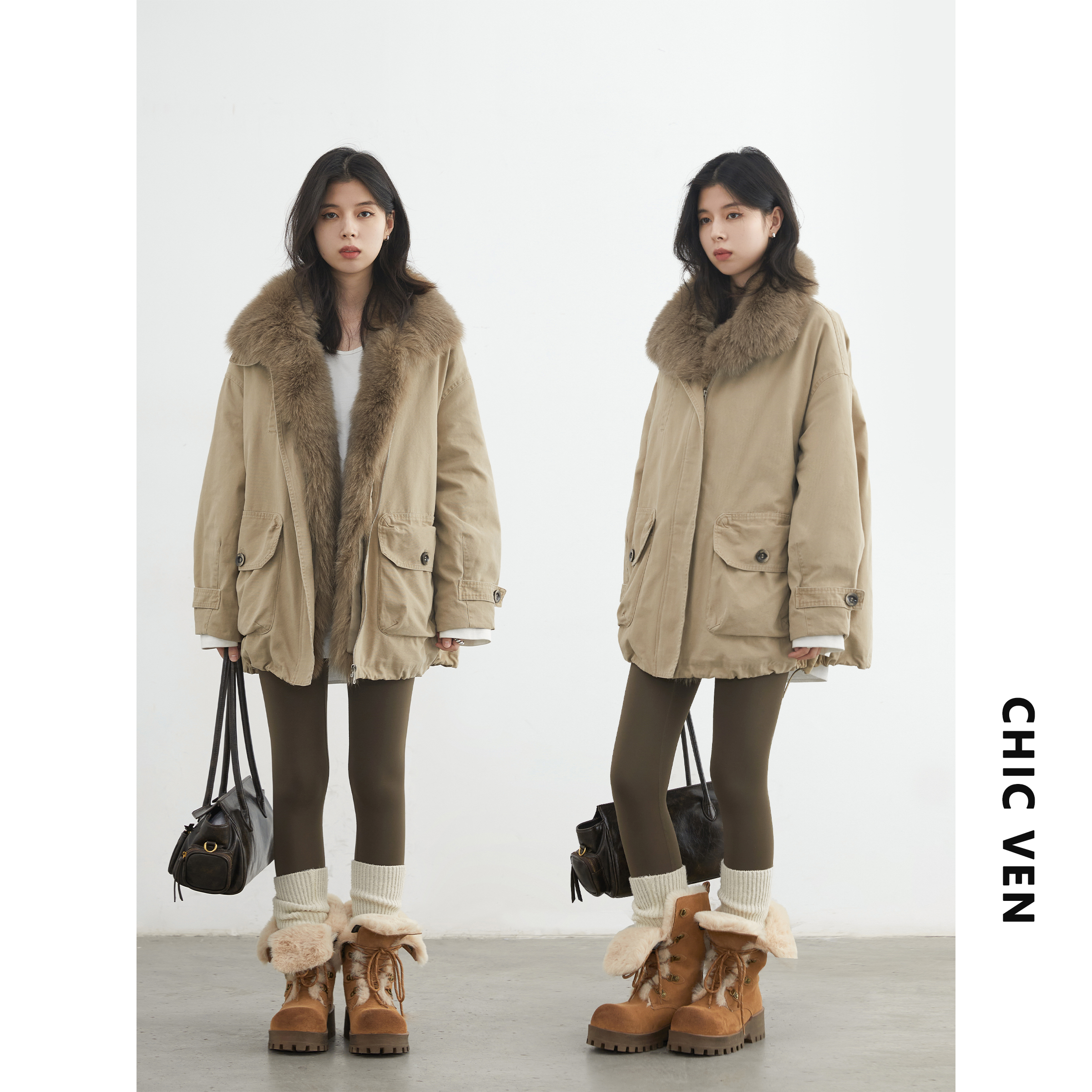 狐狸毛皮草翻领羽绒服派克服保暖鹅绒厚外套125DYR0754