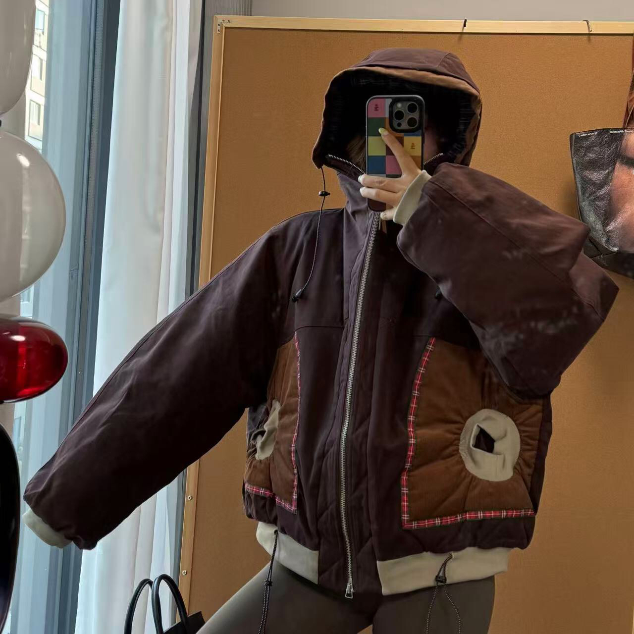 韩版拼接连帽氛围感棉服