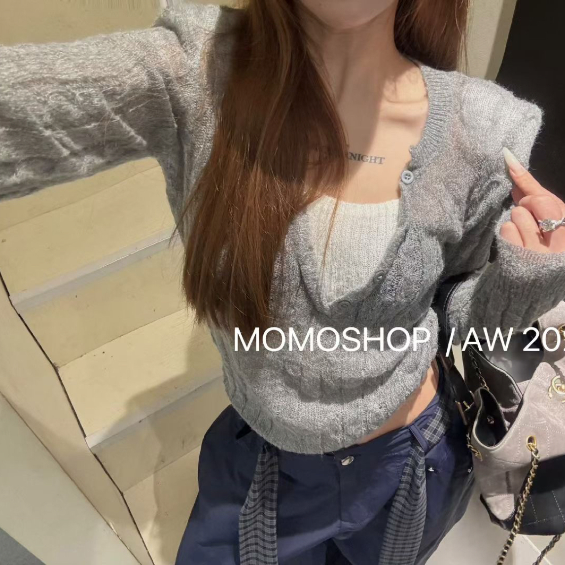 【97 JIA】拼色镂空针织小上衣