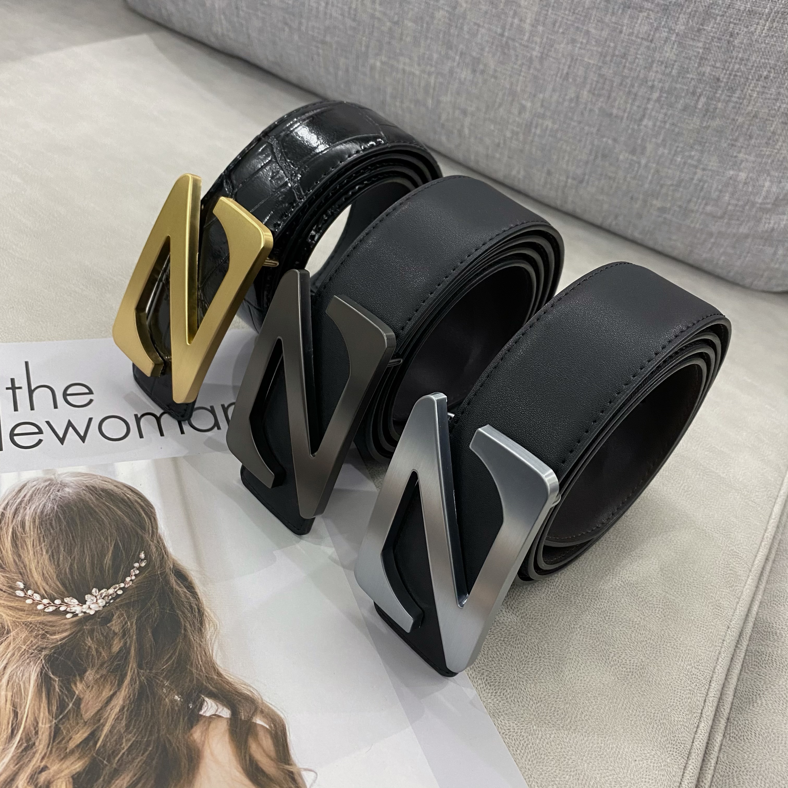 简约大方字母Z字型扣时尚男士真皮皮带腰带平滑扣挂扣板扣裤腰带