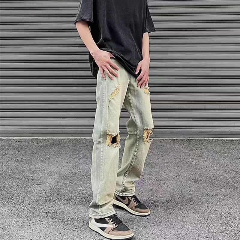 黄泥色破洞牛仔裤小众设计感欧美hiphop炸街裤子潮牌显瘦直筒裤男